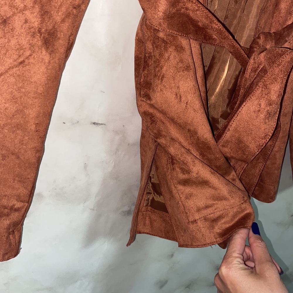 Love Token Faux Suede Leather Open Front Belted Jacket - Picture 6 of 12